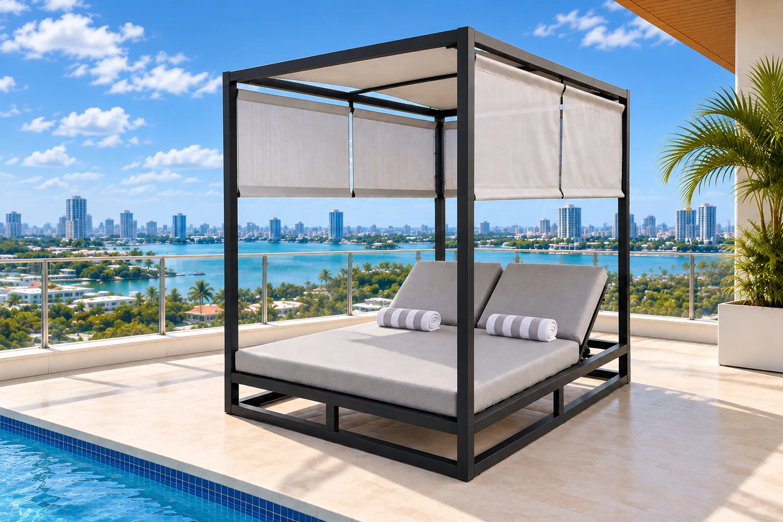 Dark-frame cabana with white cushions and side shades beside a rooftop pool