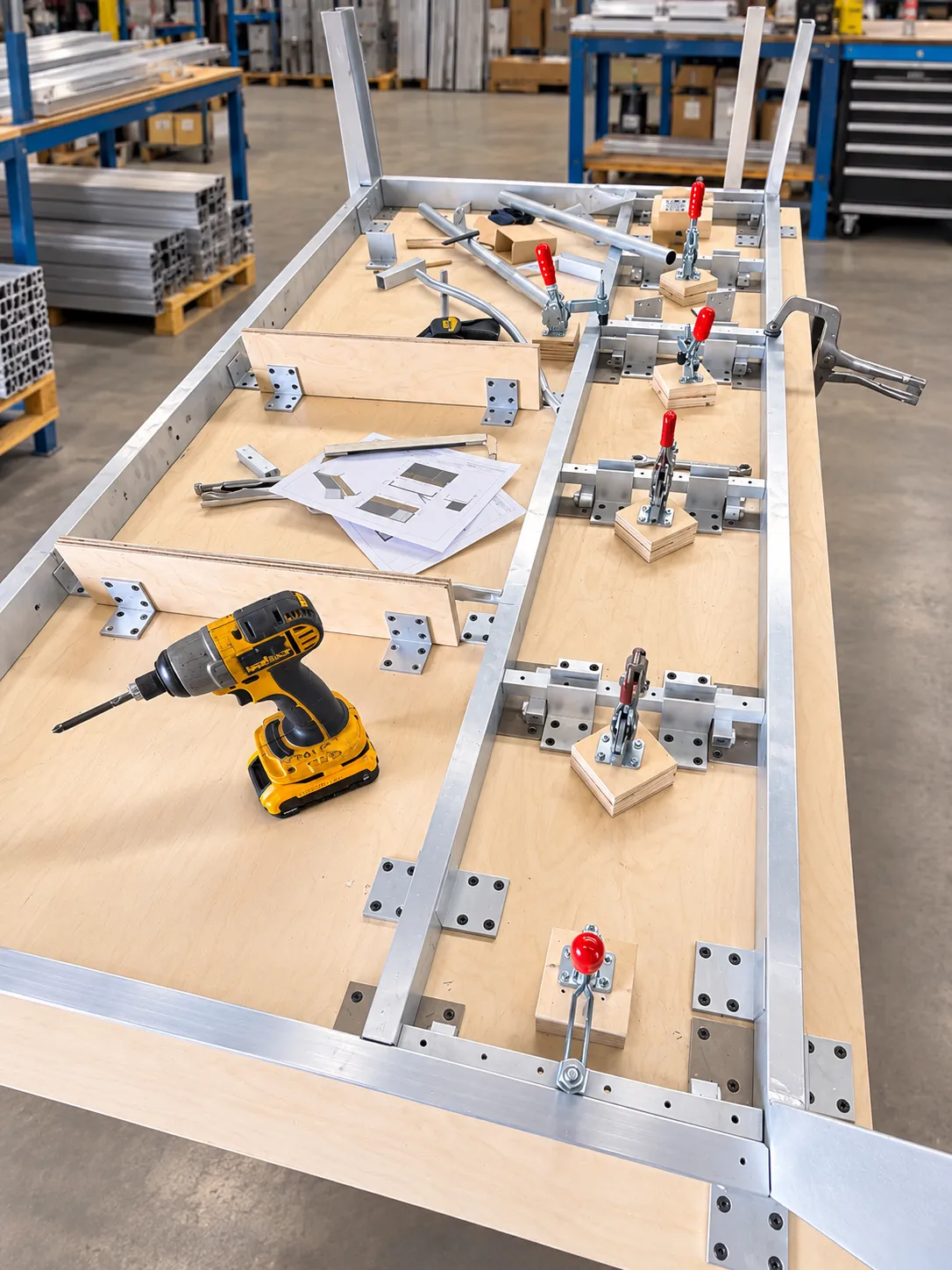 Aluminum frame assembly jig on the workshop bench