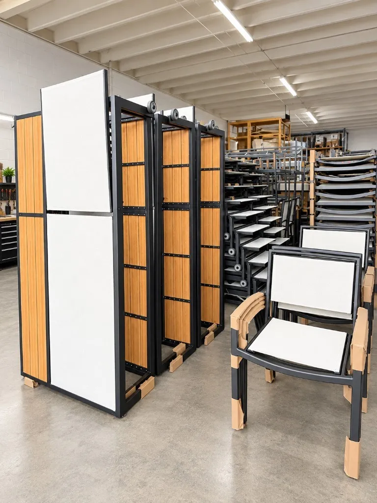 Wood and white cabana panels standing in the shop