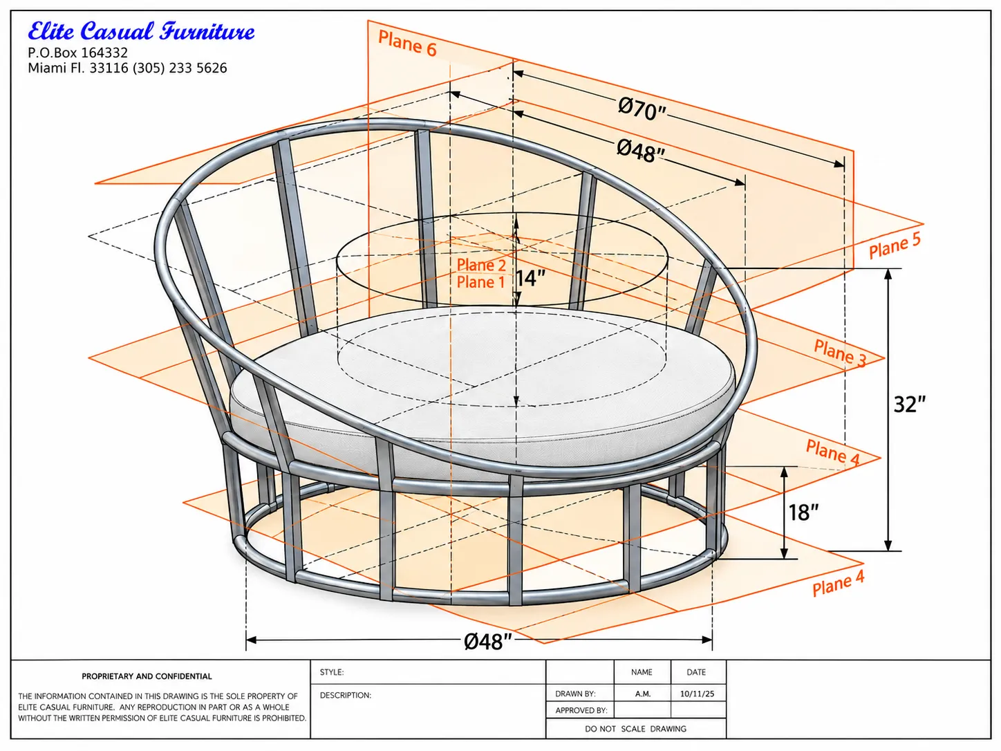 Custom round seating design with frame dimensions and construction reference planes