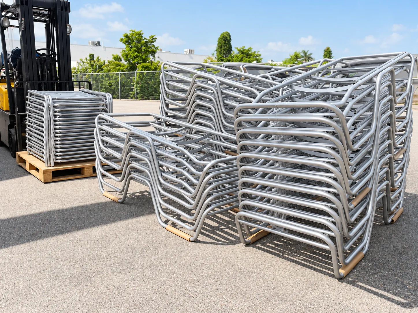 Stacks of aluminum furniture frames outside the workshop
