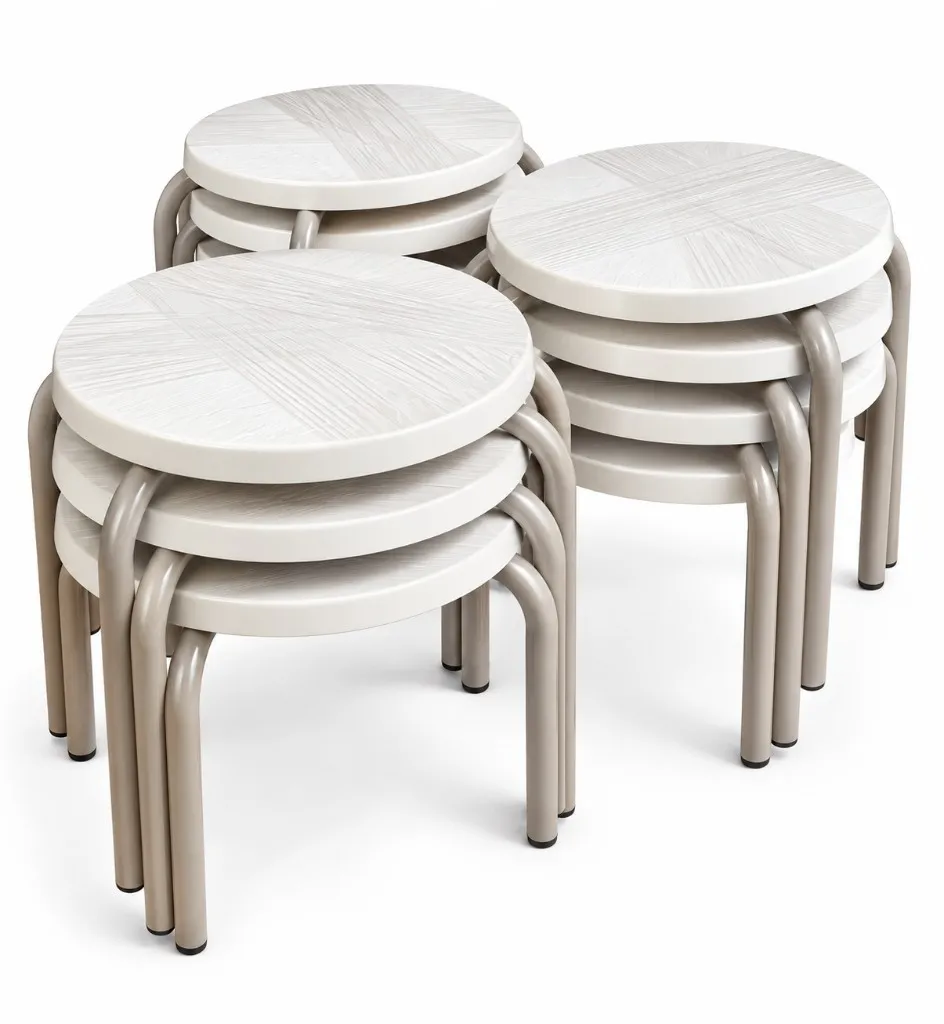 Stacks of round nesting tables with pale wood-grain tops