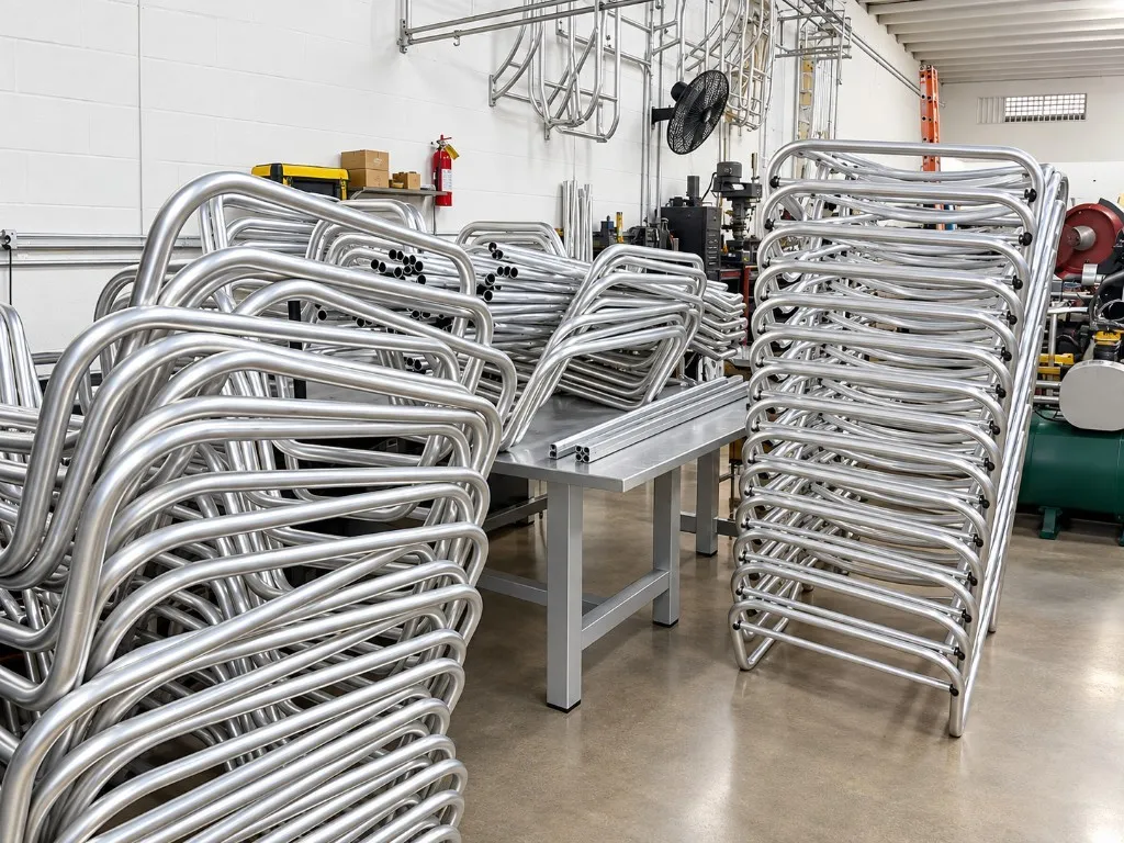 Bent aluminum frames stacked in the shop