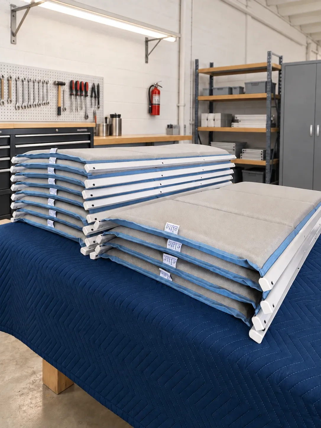 Finished sling panels stacked on a padded workshop table