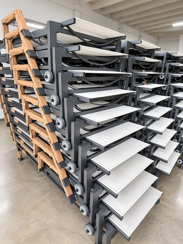 Stacks of black-frame sling chairs on wheeled racks