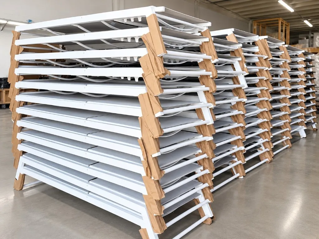 Stacks of white rectangular tables prepared for shipping