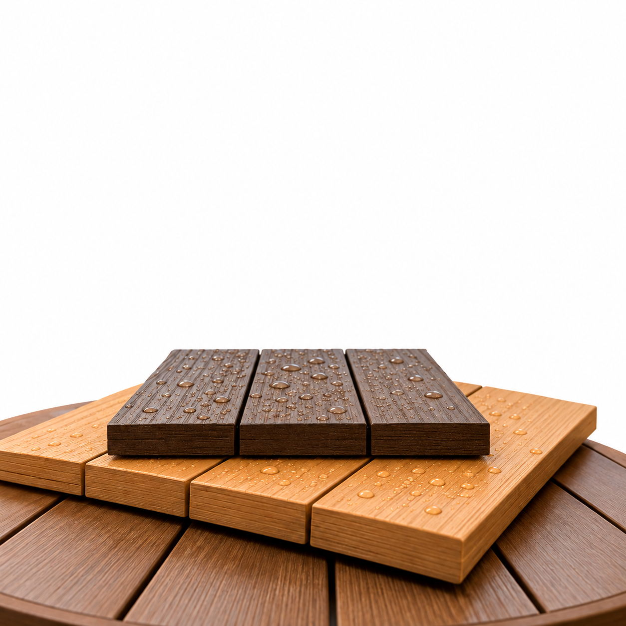 Wood-grain tabletop material samples with water droplets