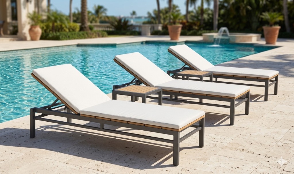 Cushioned plank sun cots with wood side tables