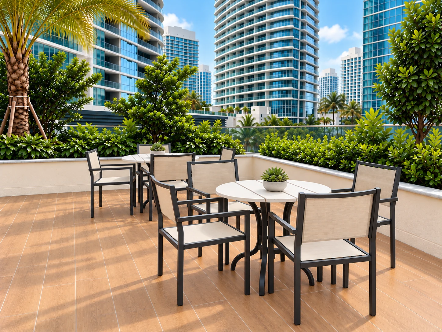 Outdoor dining tables and sling chairs on a landscaped city terrace